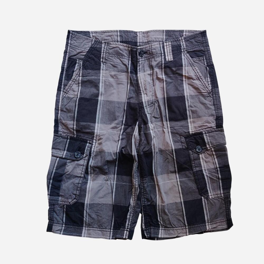 Y2K G21 Black, Gray & White Plaid Baggy Cargo Shorts